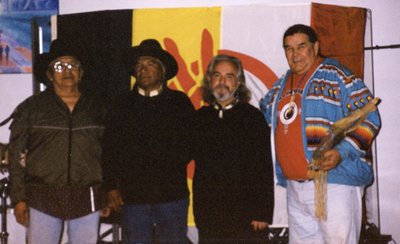 Harry Charger (Wa-Anaton), Lakota Elder;
Vernon Foster (Taza-Tick-Wick-Widsi-Nana), Klamoth-Modoc (Oregon tribe),
Arizona Representative of A.I.M.;
Gabriel of Urantia;
Clyde Bellecourt (Nee-Gon-Nway-Wee-Dun) Anishinaabe (Minnesota tribe), Founder of A.I.M.
— February 21, 2001 at Future Studios, Sedona, Arizona —